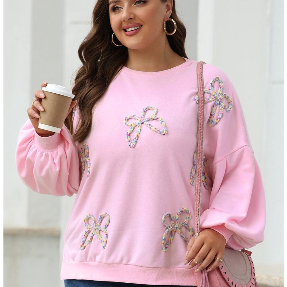 Embroidered Bow Lantern Sleeve Oversized Pullover Sweatshirt Kawaii